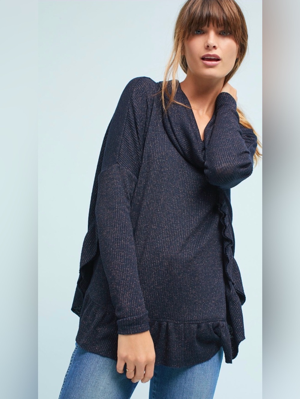 Anthropologie Postmark Shine Ruffled Cowl Neck Pullover Navy Blue/Rose Gold XS/S